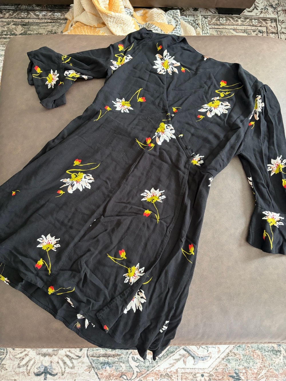 Free People Black Floral Mini Dress with Puff Sleeves and Button Front medium